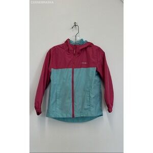 Eddie Bauer Pink Blue Windbreaker Youth Girls Size Large Hood Full Zip -Size 7/8